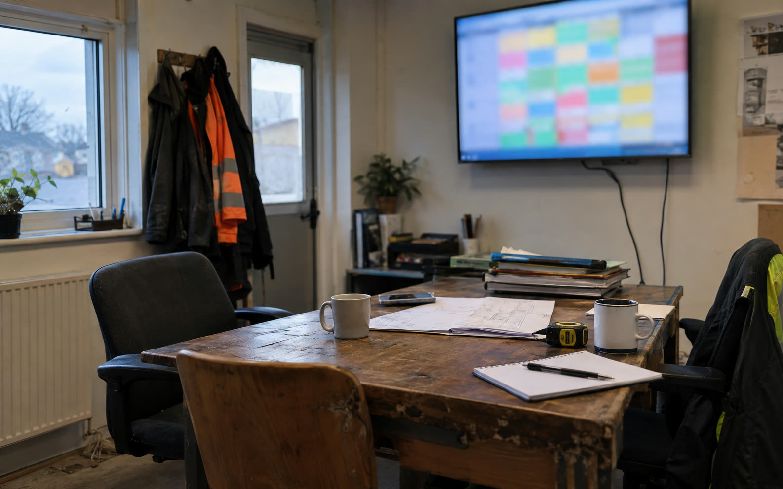 Titelbild: das Büro eines Handwerksbetriebs, an der Wand ein Bildschirm mit der Wochenplanung als bunte Karten