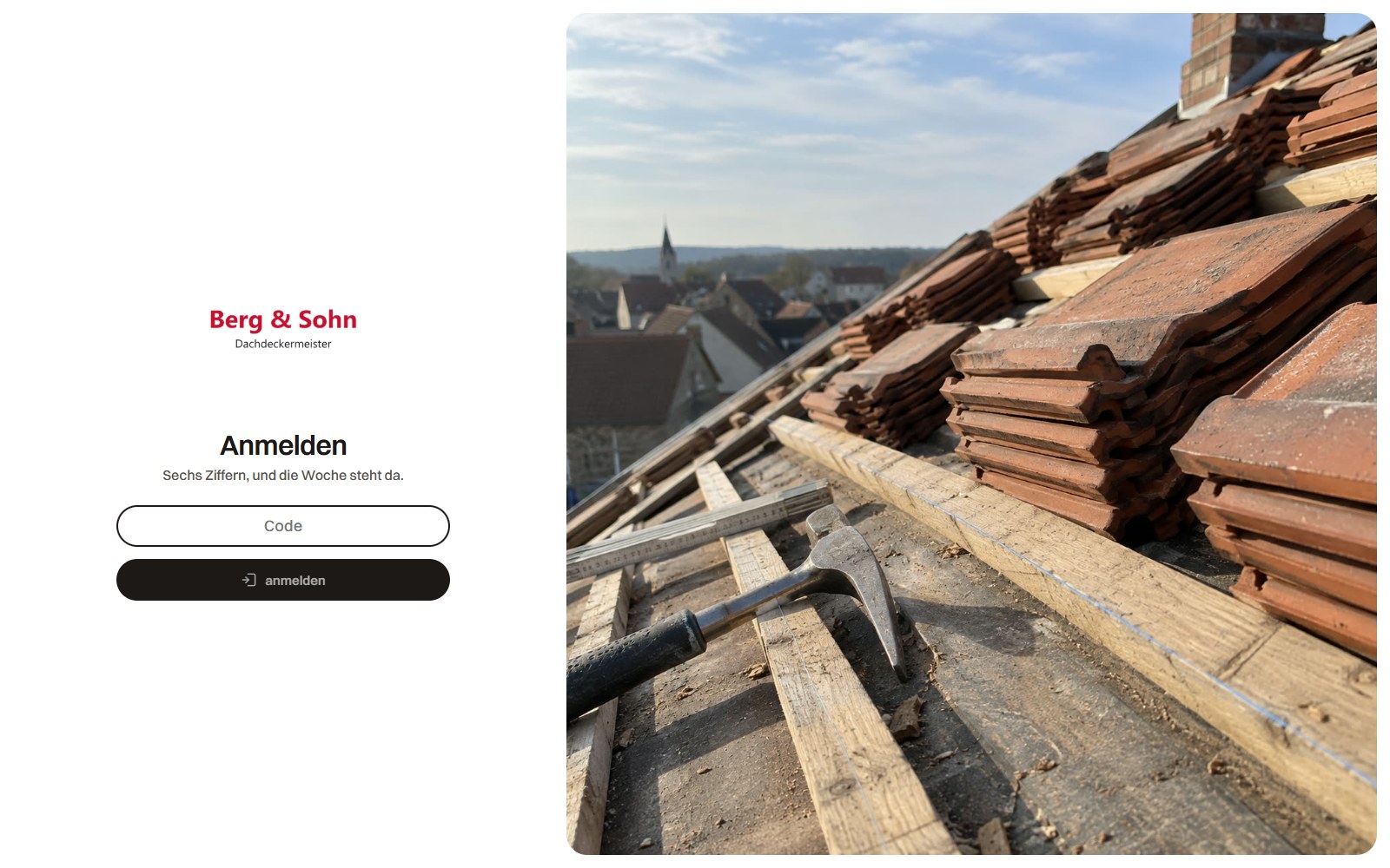 Anmeldeseite mit Feld für einen sechsstelligen Code und einem Foto von Dachziegeln