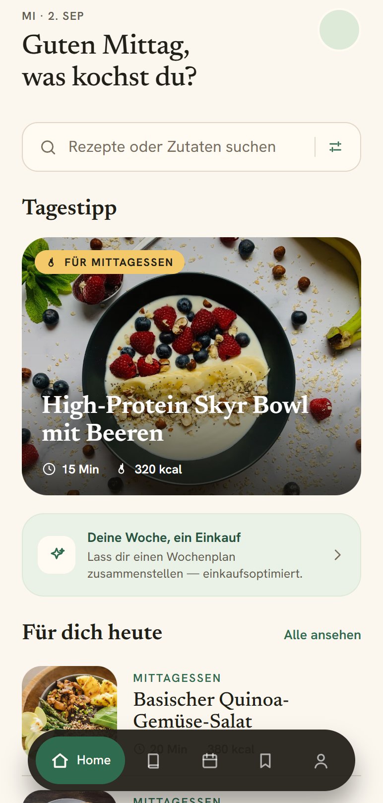 Startseite mit Begrüßung nach Tageszeit, Suchfeld, Tagestipp und Vorschlägen