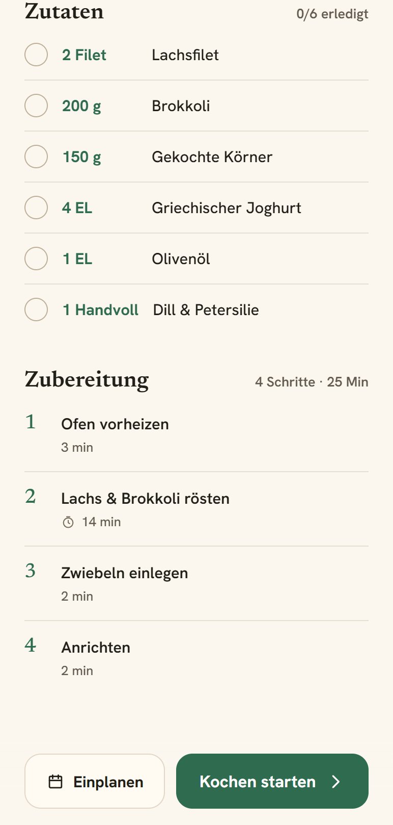 Zutatenliste zum Abhaken und die vier Zubereitungsschritte mit Zeitangabe