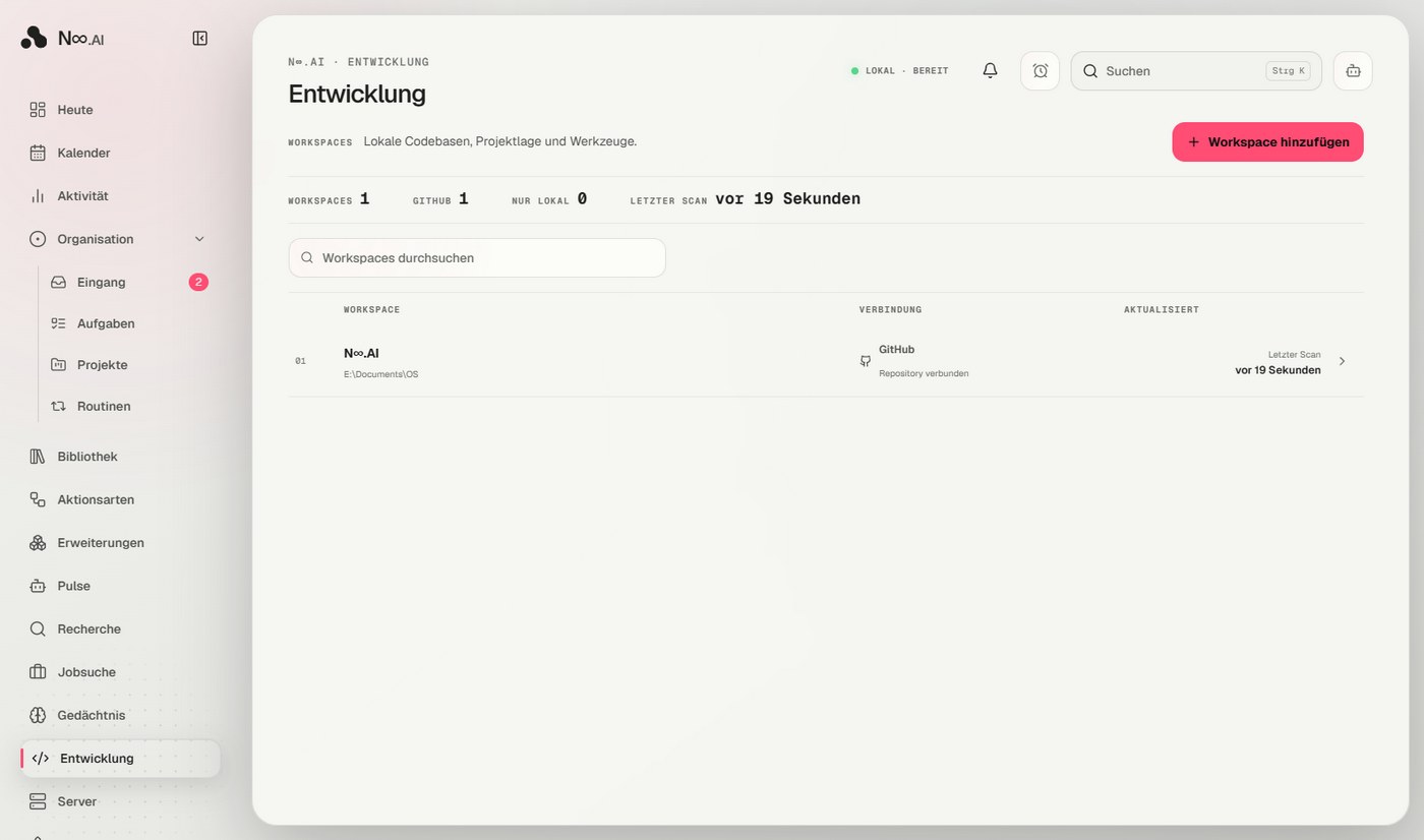 Entwicklungsbereich der Fassung 1.7.2 mit Workspace-Liste und GitHub-Verbindung