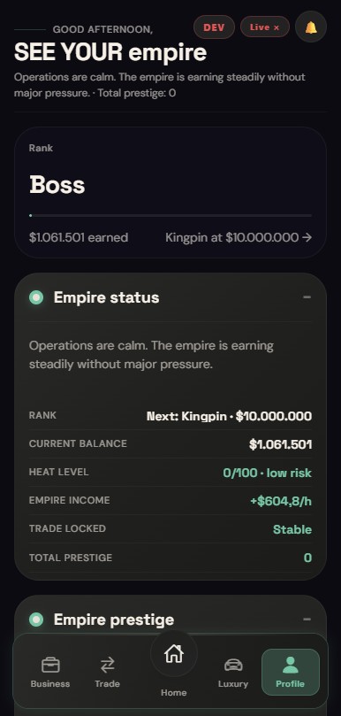 Profilansicht mit Rang, Empire-Status, Hitze und Prestige